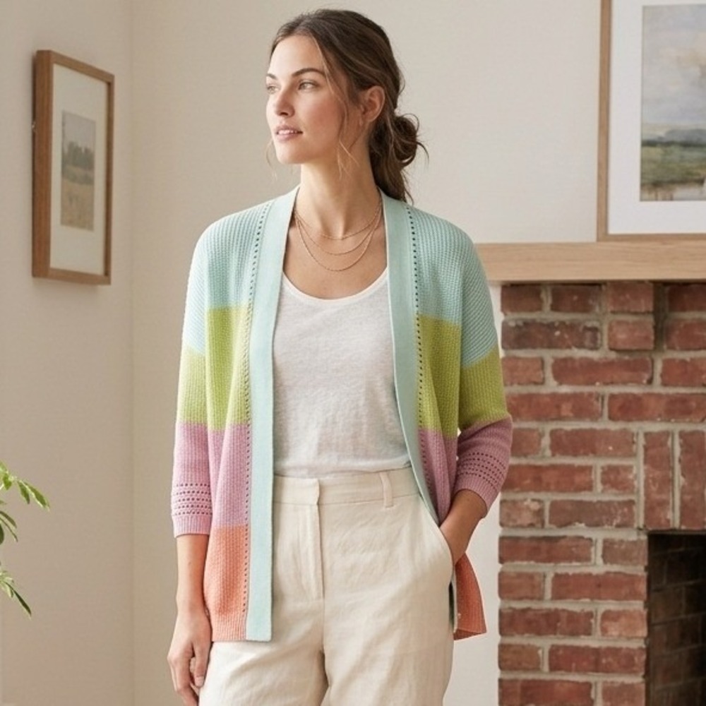 Lands End Cardigan Women Medium Multicolor Stripe Linen Blend Open Front Light